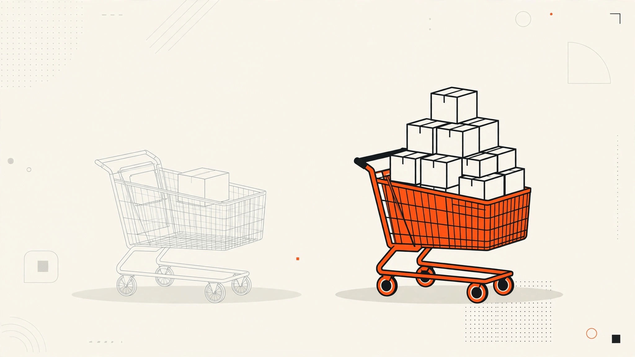 A wireframe shopping cart holding one box beside a solid orange cart stacked with a tiered pyramid of boxes, illustrating a sitewide discount against a quantity-break offer